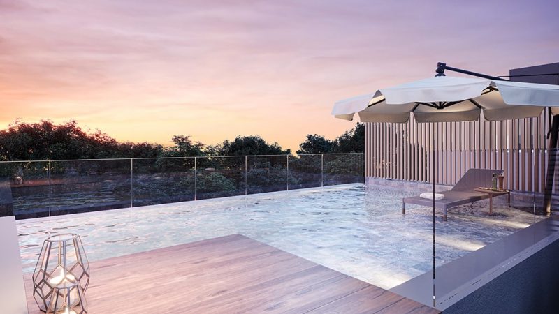 Piscina com borda infinita no rooftop - casas 1 a 4 e 13 a 15